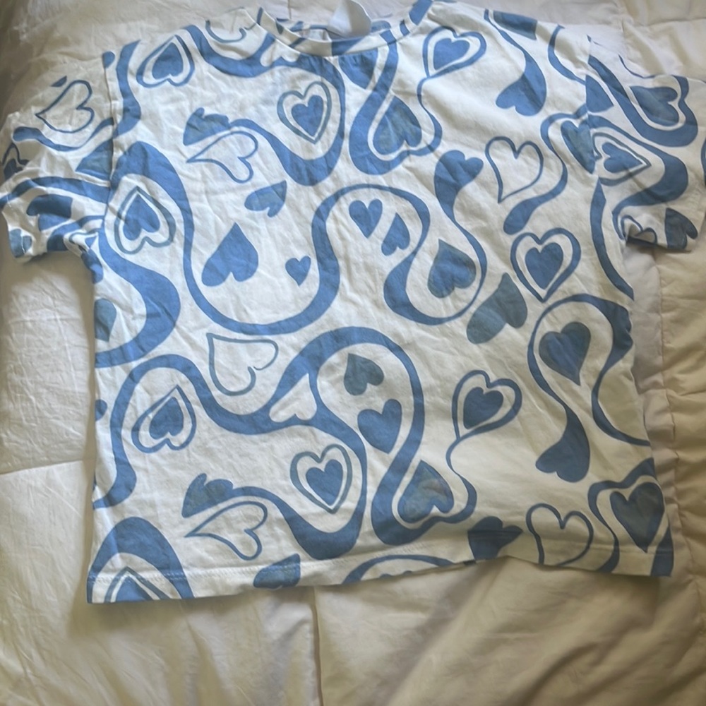 Blue and white short sleeve crop top from Zara